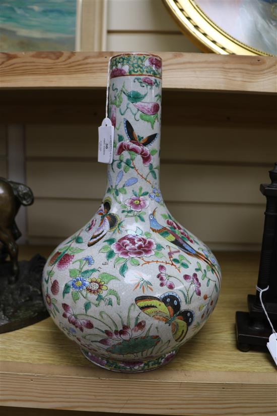 A Chinese famille rose crackleglaze vase and a Jun type vase tallest 34cm